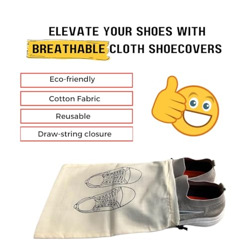 IVILLAGE Premium Reusable and Washable 100% Pure Cotton Fabric Shoe Covers/Bags with Drawstring Closure|Handcrafted Doodle Collection|Ideal for Travel, Home and Storage|Pack of 12|Off-White|Unisex - Image 4