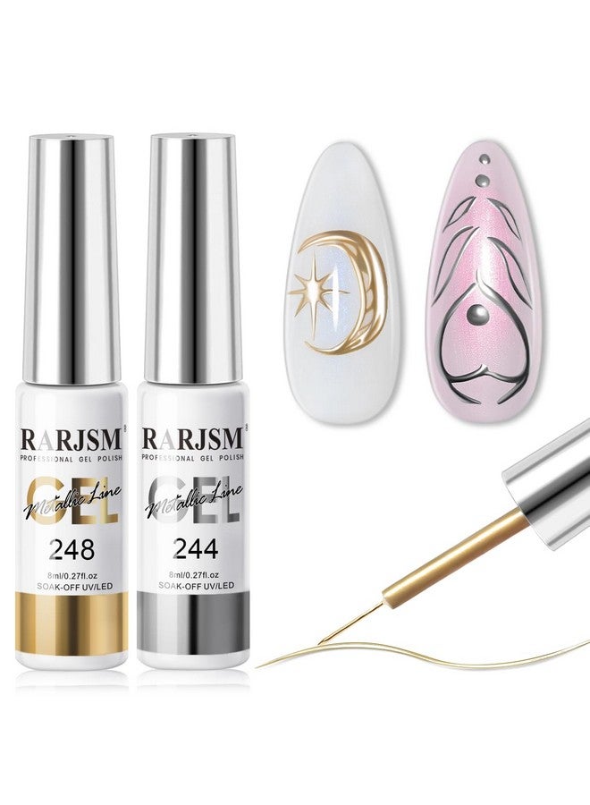 RARJSM Metallic Gel Liner Nail Art Silver Bronze Gold 2pcs Set Mirror Chrome 3D Effect Gel Nail Polish 8ml Build in Thin Brush Metal Painted Drawing Stripper Gel Polish Curing Requires for Home Salon - Image 1