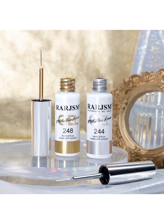 RARJSM Metallic Gel Liner Nail Art Silver Bronze Gold 2pcs Set Mirror Chrome 3D Effect Gel Nail Polish 8ml Build in Thin Brush Metal Painted Drawing Stripper Gel Polish Curing Requires for Home Salon - Image 4
