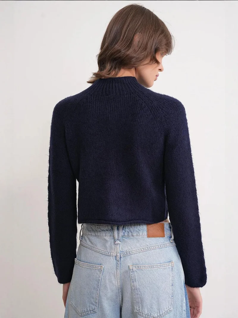 Mixray Navy Blue Mixray Argyle Half-Turtleneck Ribbed Knit Sweater for Women | Best Price UAE