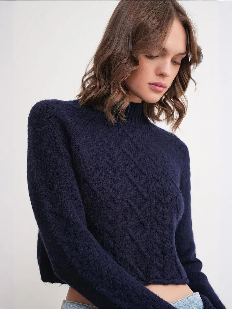 Mixray Navy Blue Mixray Argyle Half-Turtleneck Ribbed Knit Sweater for Women | Best Price UAE