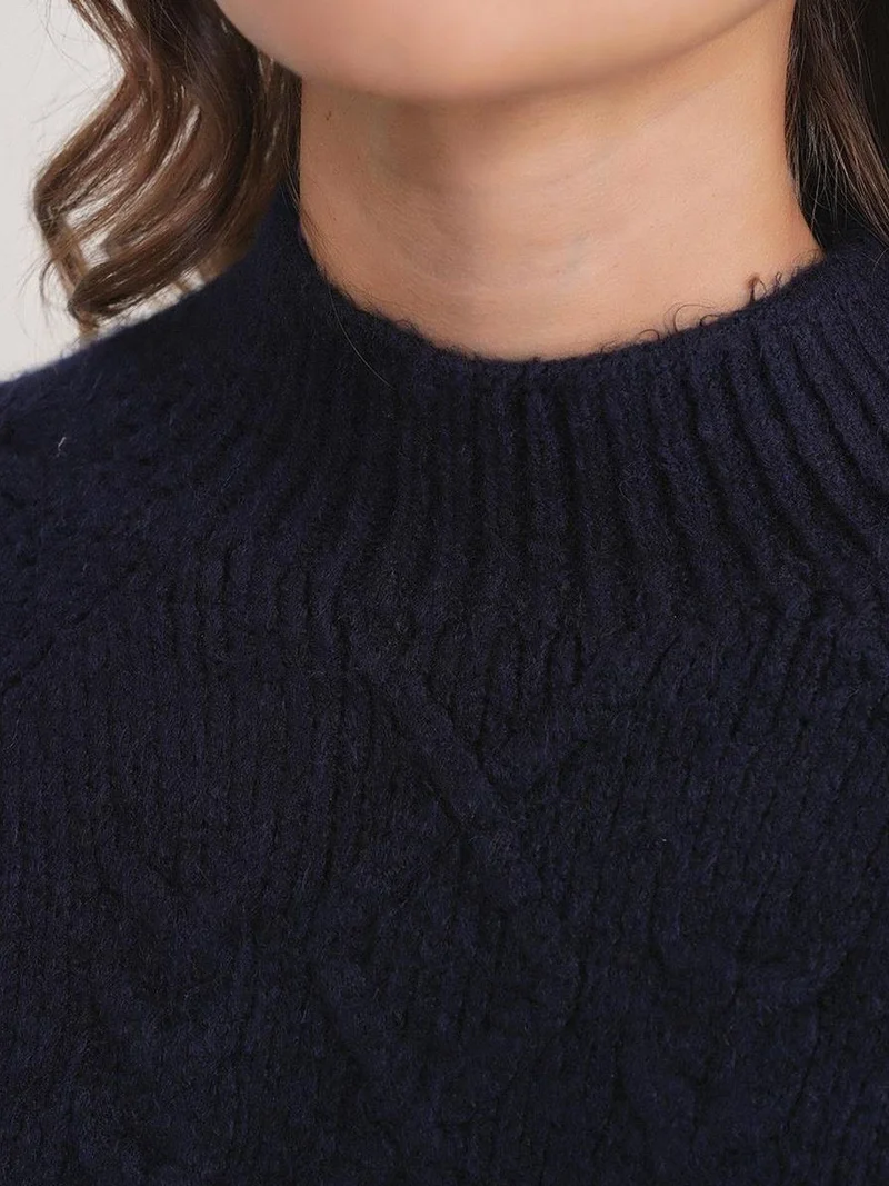 Mixray Navy Blue Mixray Argyle Half-Turtleneck Ribbed Knit Sweater for Women | Best Price UAE