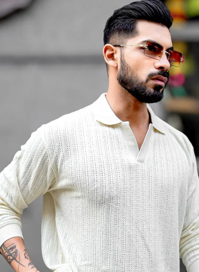 Maniac Maniac Mens Textured Polo V Neck Full Sleeve Half White Cotton Overszied Sweatshirt