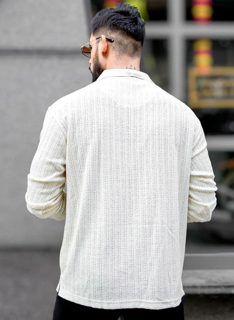 Maniac Maniac Mens Textured Polo V Neck Full Sleeve Half White Cotton Overszied Sweatshirt