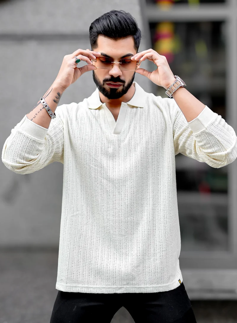 Maniac Maniac Mens Textured Polo V Neck Full Sleeve Half White Cotton Overszied Sweatshirt