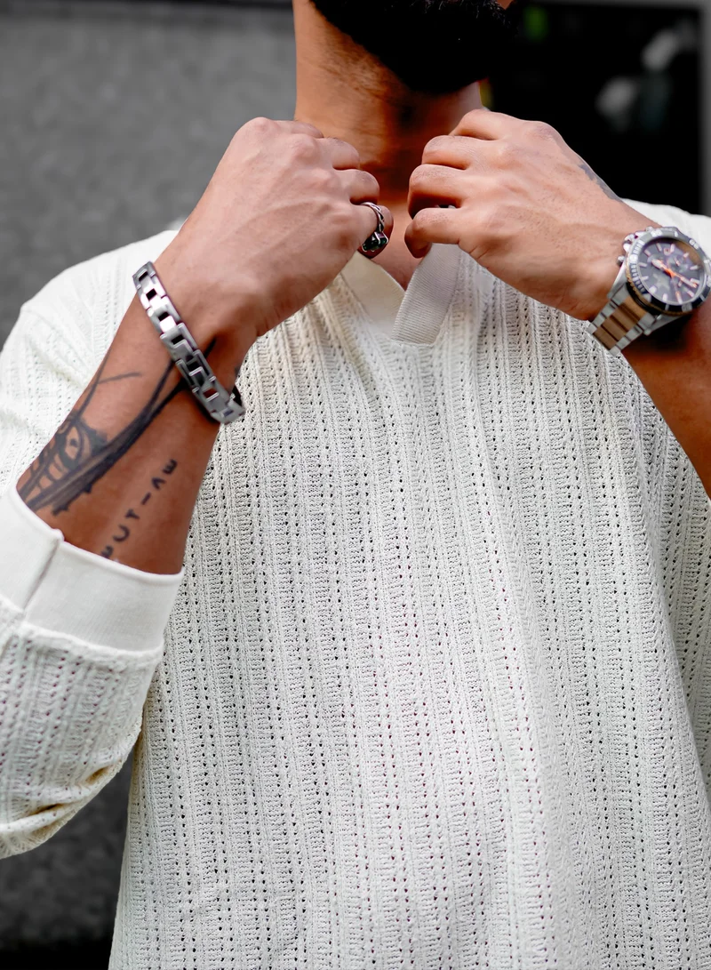Maniac Maniac Mens Textured Polo V Neck Full Sleeve Half White Cotton Overszied Sweatshirt