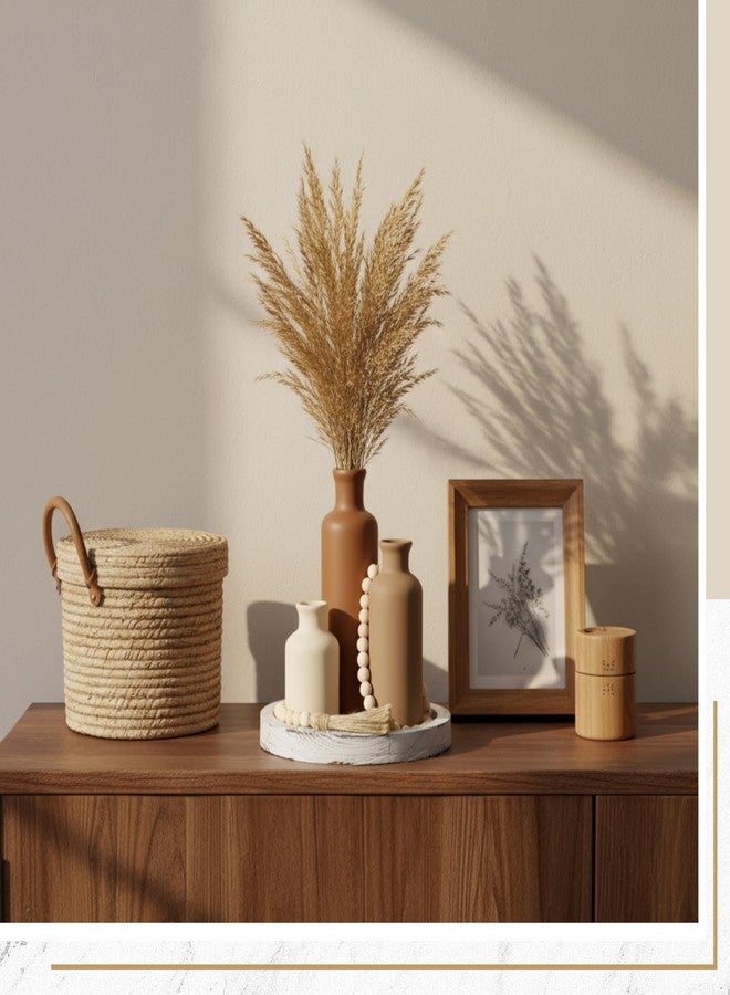 Tiangrid 5 Pcs Rustic Country Tabletop Centerpieces Decor Set of 3 Boho Ceramic Vases with Wooden Serving Tray Wood Bead Garland Tassels Table Holder for Home Decorations (Brown) - Image 5