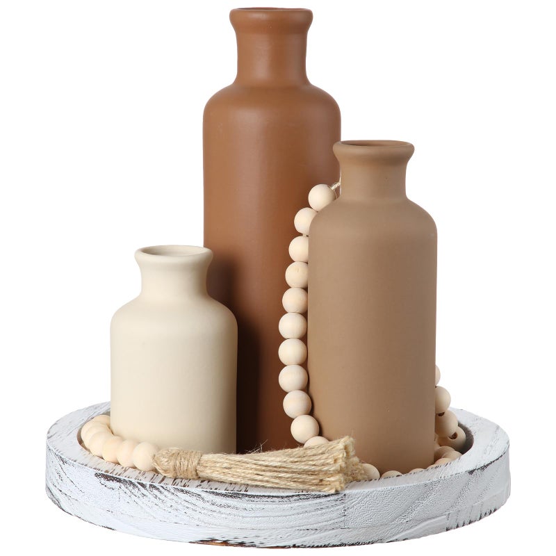 Tiangrid 5 Pcs Rustic Country Tabletop Centerpieces Decor Set of 3 Boho Ceramic Vases with Wooden Serving Tray Wood Bead Garland Tassels Table Holder for Home Decorations (Brown) - Image 1