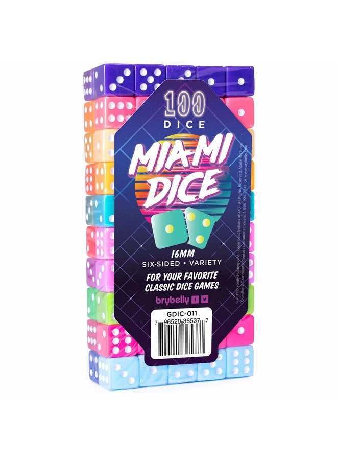 Brybelly 100-pack Miami Dice: Retro 80s 6-Sided Gaming Dice - 16mm Bulk d6 Dice in Translucent & Solid Colors for Family Game Night, Make Your Own/DIY Board Game Supplies, Replacement Pieces & Teaching Math - Image 1