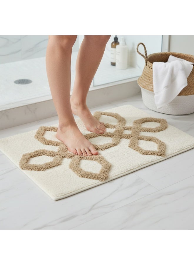 Hexagon-Pattern Textured Cotton Bath Mat with Anti-Slip - 40x60cm, Ivory - Image 1