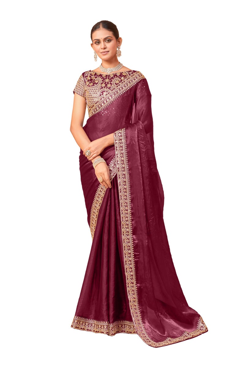 Glory Sarees Women’s Satin Silk Embroidery Work Saree With Blouse Piece (Ananya101_Maroon) - Image 1