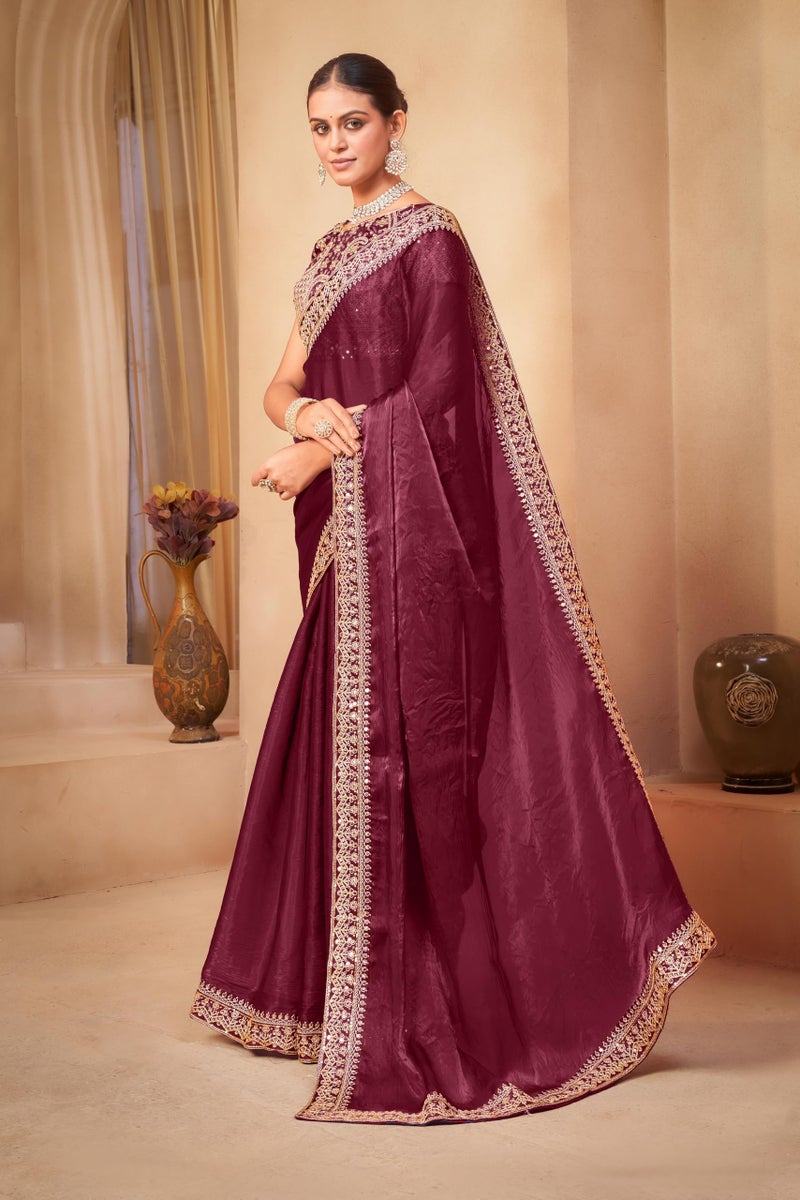 Glory Sarees Women’s Satin Silk Embroidery Work Saree With Blouse Piece (Ananya101_Maroon) - Image 3
