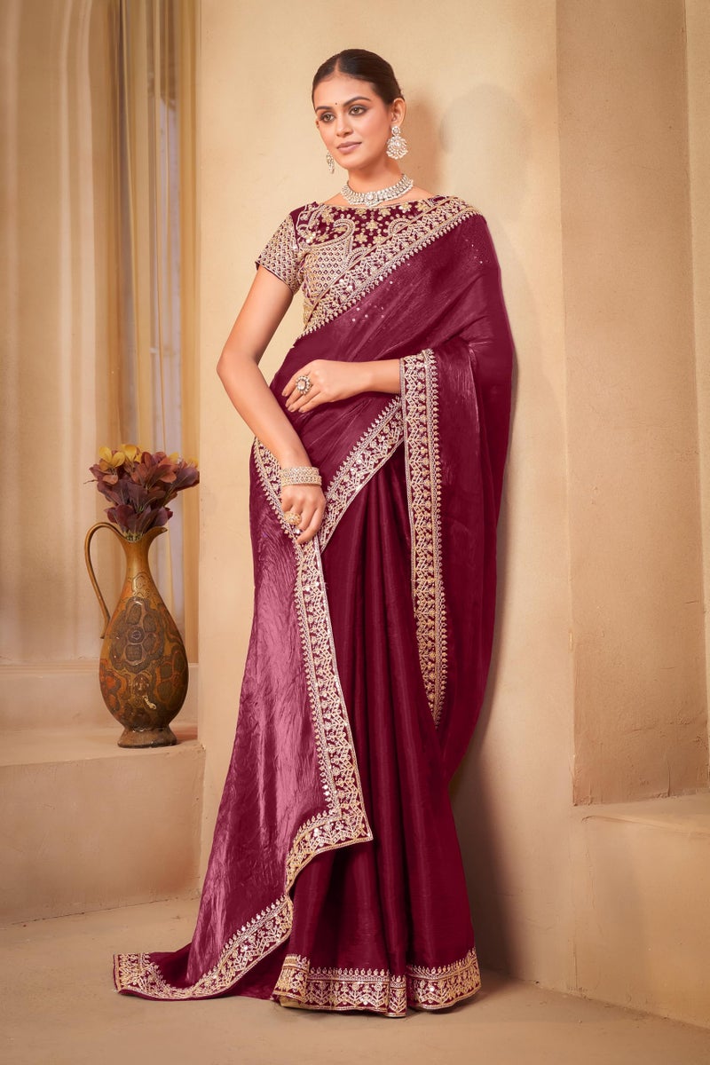 Glory Sarees Women’s Satin Silk Embroidery Work Saree With Blouse Piece (Ananya101_Maroon) - Image 2