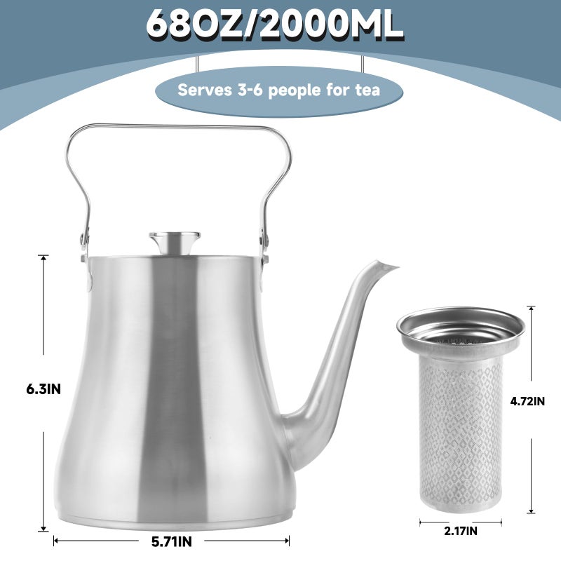 GURUDAR 68OZ/2000ML Stainless Steel Teapot with Removable Infuser for Loose Leaf & Tea Bags, Stovetop Safe Tea Maker Water Kettle for Home Kitchen Hotel Restaurant Outdoor, Silver - Image 2