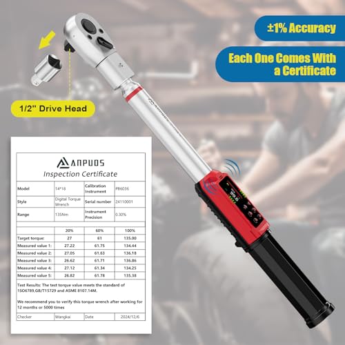 ANPUDS Adjustable Digital Torque Wrench, 1.5-99.6 Ft.lb/2-135 Nm, Hvac Torque Wrench with 45mm Jaw, 1/2 Drive Ratchet, ±1% Accuracy, Vibration, Buzzer and LED Indicator for Split AC, Moto, Car - Image 4