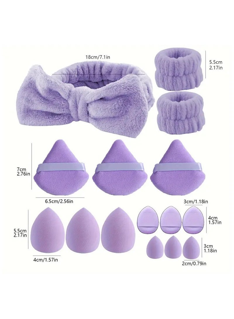 Generic 15-Piece Spa Headband and Wristband Clean Set, Includes Makeup Sponges and Face Triangle Powder Puff Skincare Beauty Blender for Washing Face,Women Gift Set(Purple) - Image 2