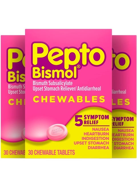 Chewable Tablets for Nausea, Heartburn, Indigestion, Upset Stomach, and Diarrhea Relief, Original Flavor 3x30 ct – 90 total