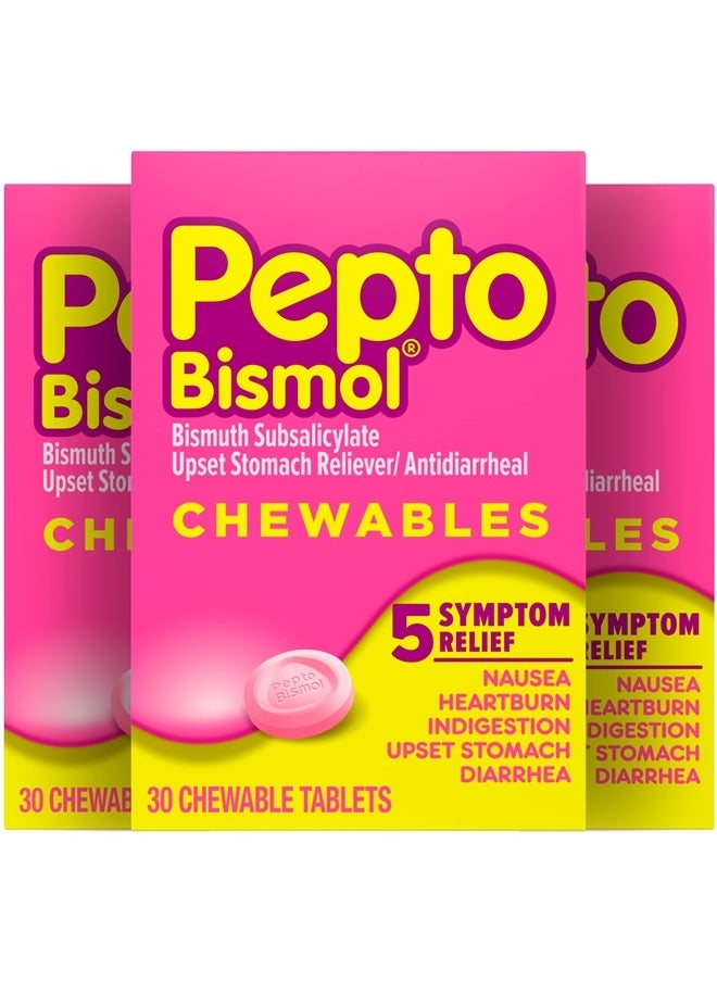 Chewable Tablets for Nausea, Heartburn, Indigestion, Upset Stomach, and Diarrhea Relief, Original Flavor 3x30 ct – 90 total