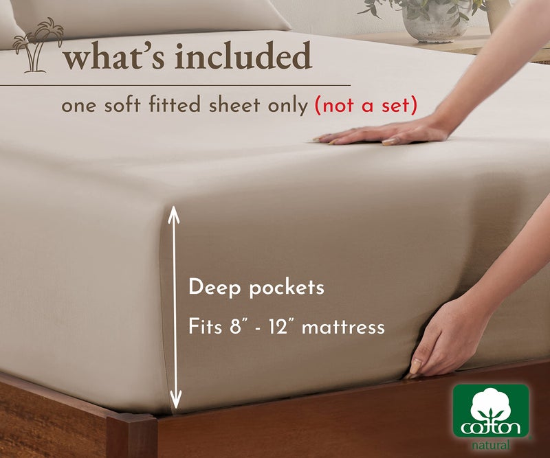 California Design Den Twin XL Fitted Sheet Only  Soft 100% Cotton Sateen  Deep Pocket  Durable All-Around Elastic  Head/Foot Side Indicators  Twin XL Bottom Sheets (Beige)