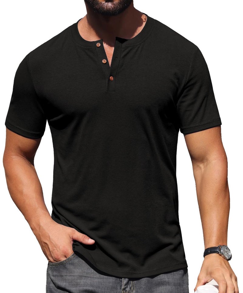 Sailwind Mens Muscle Henley Shirts Lightweight Workout T-Shirt Gym Tee Athletic Short Sleeve with Button Black - Image 5