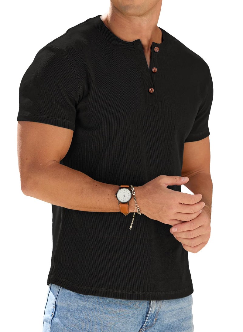 Sailwind Mens Muscle Henley Shirts Lightweight Workout T-Shirt Gym Tee Athletic Short Sleeve with Button Black - Image 1