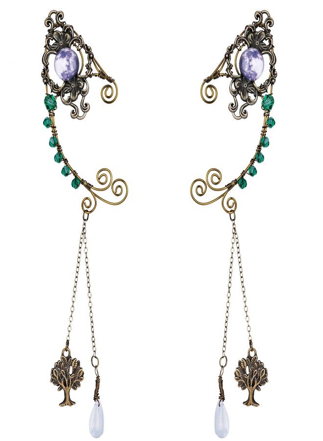 FRESHME Moonstone Tree of Life Elf Fairy Ear Cuffs Handcrafted with Bronze Flower Vine and Green Rhinestone Antique Vintage Earrings Fantasy Jewelry for Women Girl Cosplay Costume Dress Up Accessories - Image 1