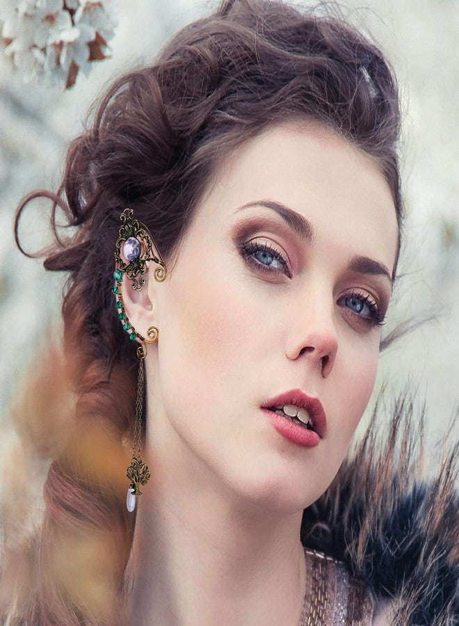 FRESHME Moonstone Tree of Life Elf Fairy Ear Cuffs Handcrafted with Bronze Flower Vine and Green Rhinestone Antique Vintage Earrings Fantasy Jewelry for Women Girl Cosplay Costume Dress Up Accessories - Image 3