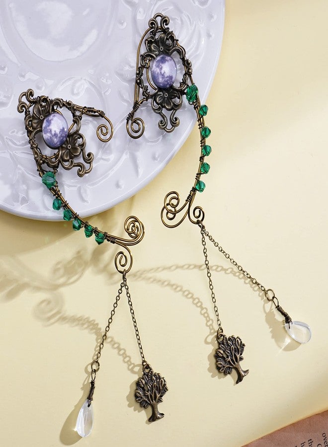 FRESHME Moonstone Tree of Life Elf Fairy Ear Cuffs Handcrafted with Bronze Flower Vine and Green Rhinestone Antique Vintage Earrings Fantasy Jewelry for Women Girl Cosplay Costume Dress Up Accessories - Image 2