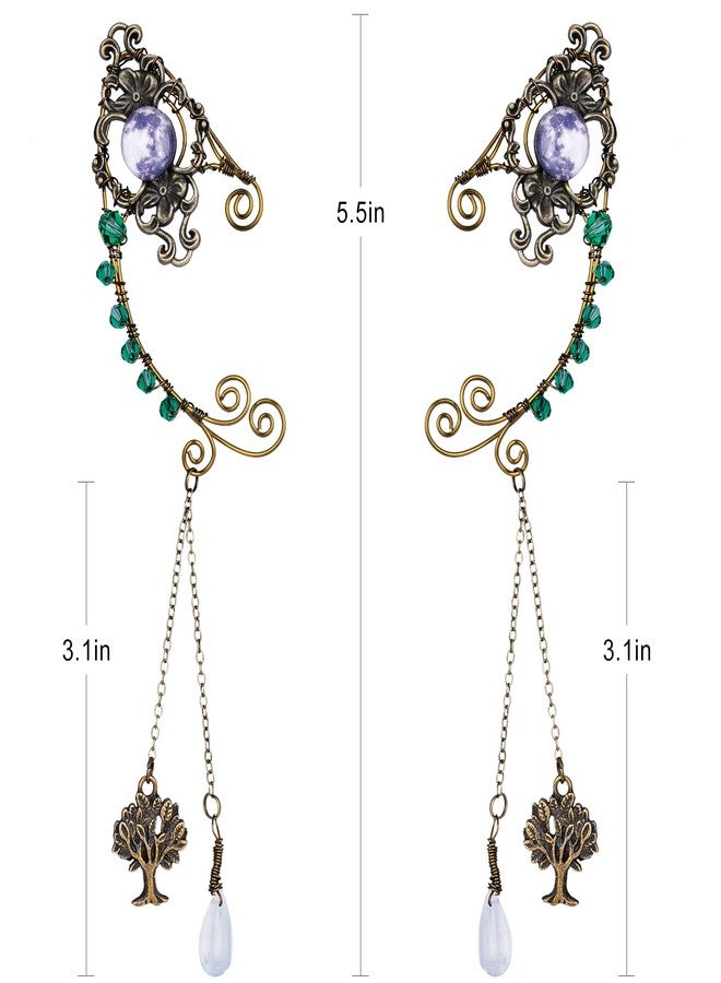 FRESHME Moonstone Tree of Life Elf Fairy Ear Cuffs Handcrafted with Bronze Flower Vine and Green Rhinestone Antique Vintage Earrings Fantasy Jewelry for Women Girl Cosplay Costume Dress Up Accessories - Image 4