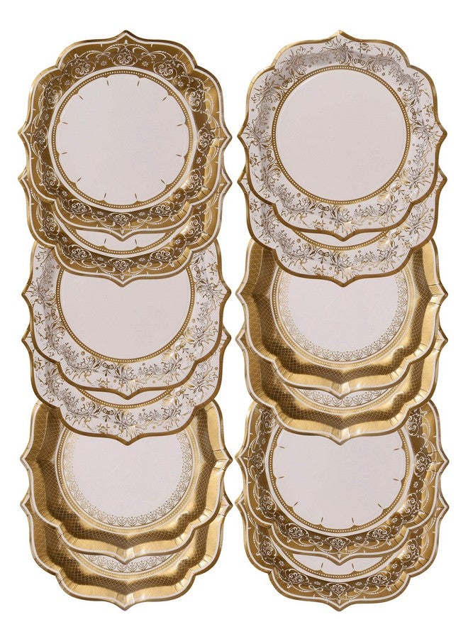 توكينج تيبلز مجموعة من ١٢ طبقًا ورقيًا متوسط الحجم من البورسلين العتيق لحفلات الزفاف، باللون الذهبي، من توكينج تابلز | ٣ تصاميم | فريدة، أنيقة، أنيقة، للاستخدام مرة واحدة | لحفلات الزفاف، والذكرى السنوية، وحفلات ما بعد الظهر، ٨ بوصات، ١٢ طبقًا - Image 1