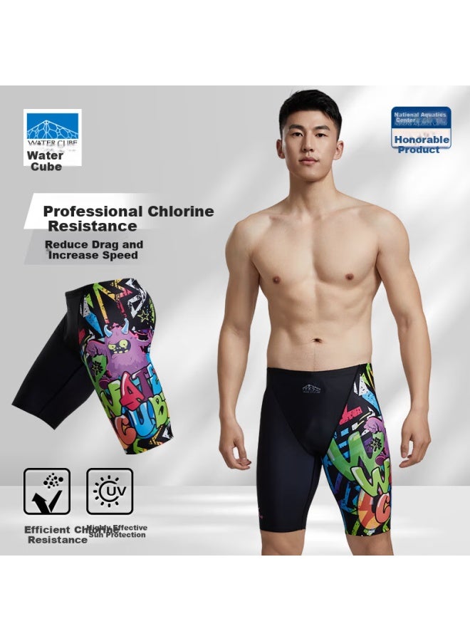 Water Cube Men's Large Size Knee-length Swim Shorts, Anti-embarrassment, Professional Quick-dry Chlorine-resistant Swimwear Equipment, Dark Night Black, Size L - Image 1