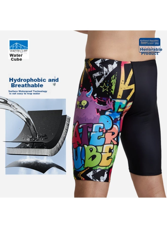Water Cube Men's Large Size Knee-length Swim Shorts, Anti-embarrassment, Professional Quick-dry Chlorine-resistant Swimwear Equipment, Dark Night Black, Size L - Image 2