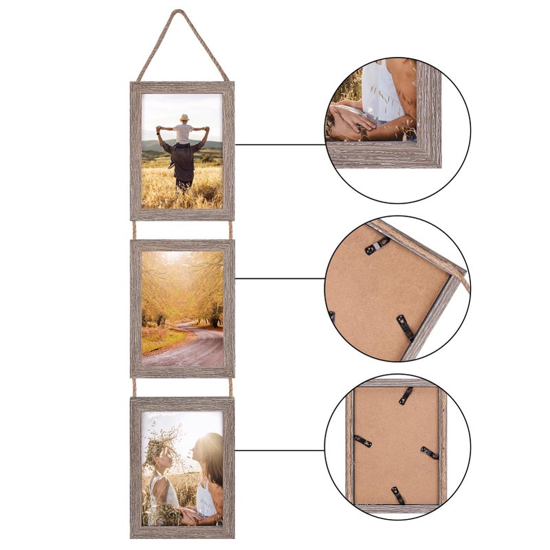Lavezee 5x7 Collage Hanging Triple Picture Frames Set, Rustic 6 Opening Vertical Frame Made to Display 5 by 7 Inch Photo Postcard for Wall Decor - Image 2