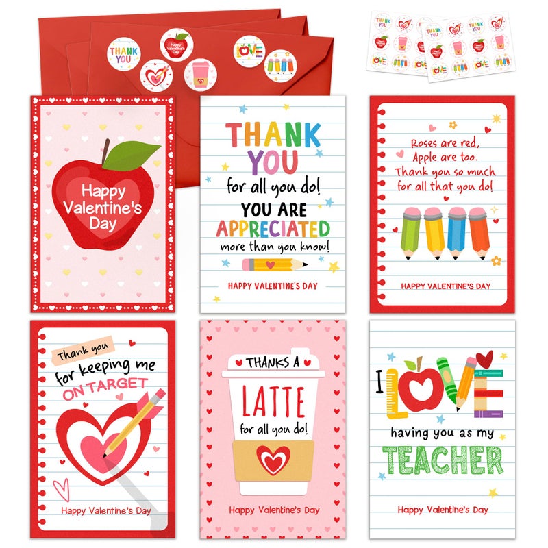 KATLADIZ 24 Packs Teacher Valentine Card - Valentines Day Cards for Teachers, Preschool Daycare Elementary School Valentines Cards for Teachers - 4.0''x 6.0'' 6 Designs Card with Envelopes, Stickers - Image 1