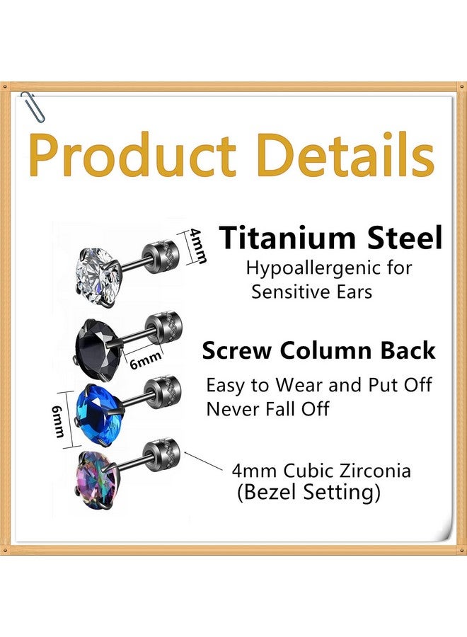 Hopply 4 Pairs Titanium Screw Back Surgical Stainless Steel Earrings for Women Men,Rainbow 5A Cubic Zirconia Studs Double Side Earrings Piercing Sleeper Jewelry 6mm - Image 2