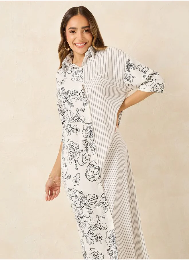 Styli Floral Striped Print 3/4 Sleeve Shirt Maxi Dress
