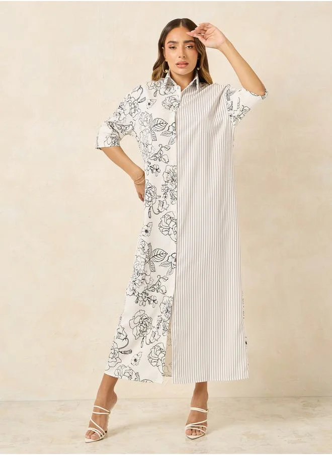 Styli Floral Striped Print 3/4 Sleeve Shirt Maxi Dress