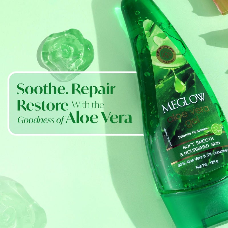 Meglow Aloe Vera Gel for Intense Hydration Get Soft Smooth Nourished Skin Pure Aloe Vera Gel with Cucumber Extracts Naturally Hydrating Skin Moisturizing Gel Pack of 3 125g each - Image 2