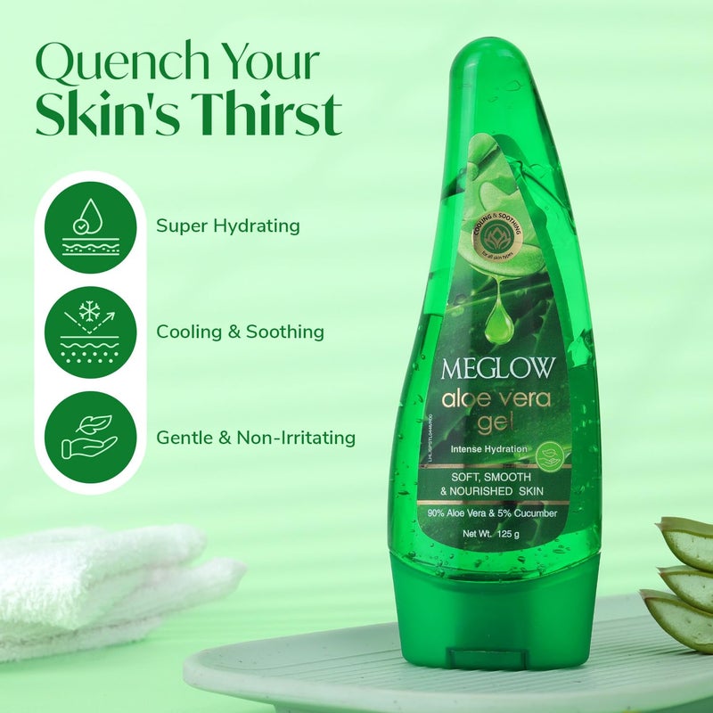 Meglow Aloe Vera Gel for Intense Hydration Get Soft Smooth Nourished Skin Pure Aloe Vera Gel with Cucumber Extracts Naturally Hydrating Skin Moisturizing Gel Pack of 3 125g each - Image 3
