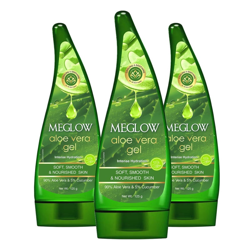 Meglow Aloe Vera Gel for Intense Hydration Get Soft Smooth Nourished Skin Pure Aloe Vera Gel with Cucumber Extracts Naturally Hydrating Skin Moisturizing Gel Pack of 3 125g each - Image 1
