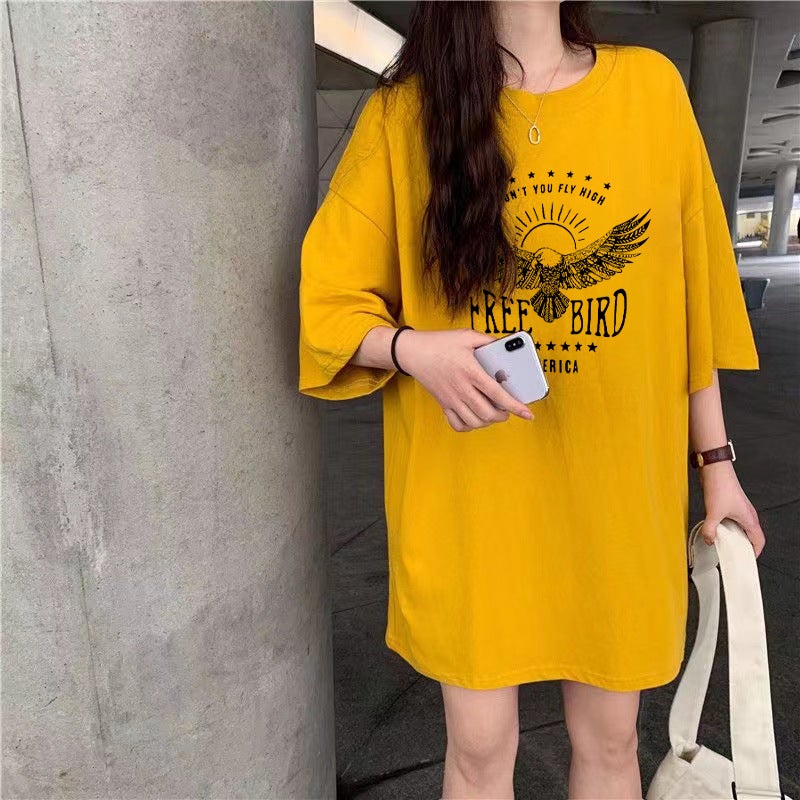 New Korean style loose short sleeve t-shirt round neck summer half sleeve bottoming shirt inner wear mens and womens same style outer wear clothes Ginger yellow (black picture)