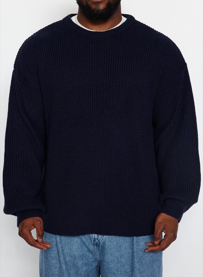 trendyol Navy Blue Plus Size Oversize Fit Wide Fit Crew Neck Basic Knitwear Sweater - Image 4