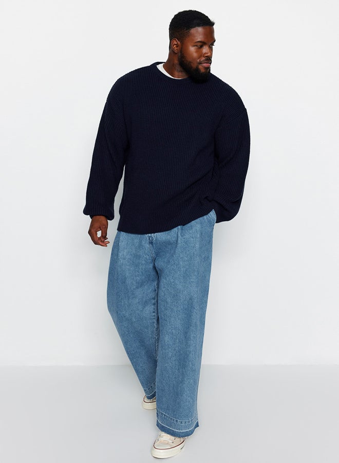 trendyol Navy Blue Plus Size Oversize Fit Wide Fit Crew Neck Basic Knitwear Sweater - Image 2