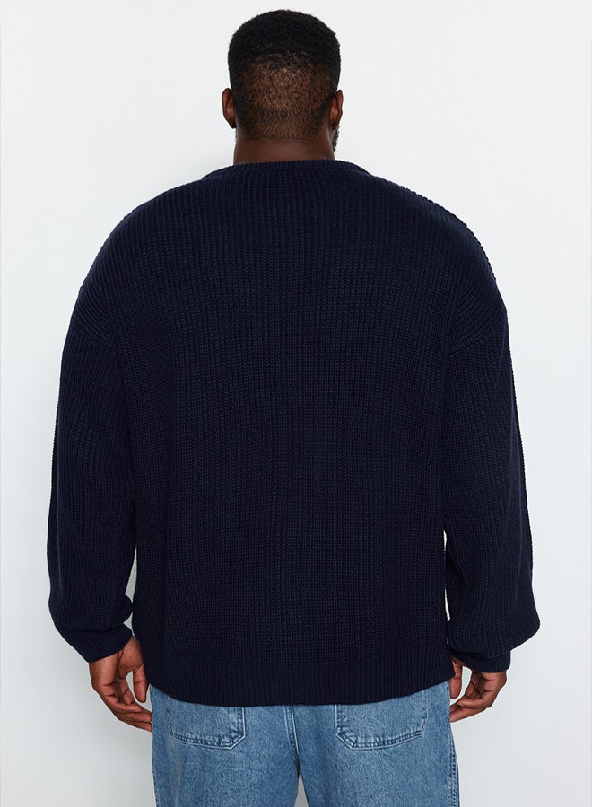 trendyol Navy Blue Plus Size Oversize Fit Wide Fit Crew Neck Basic Knitwear Sweater - Image 5