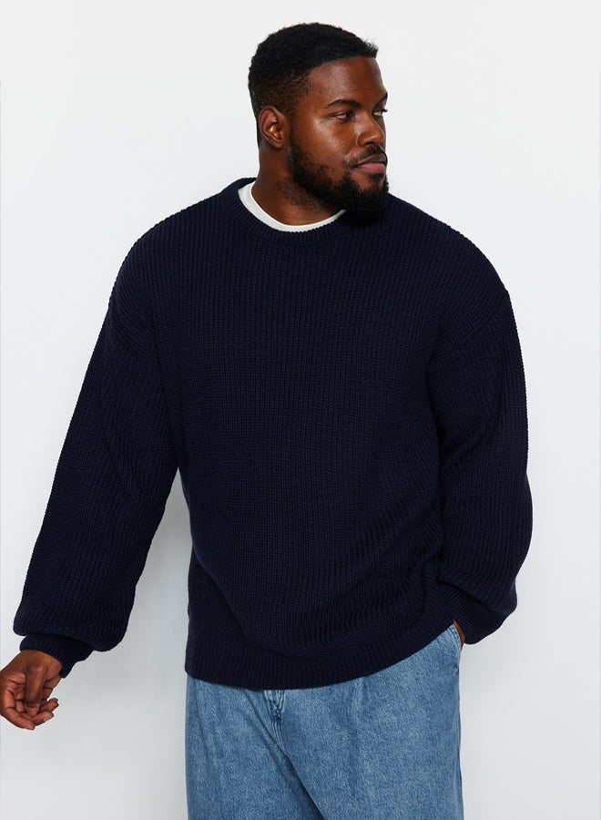 trendyol Navy Blue Plus Size Oversize Fit Wide Fit Crew Neck Basic Knitwear Sweater - Image 1