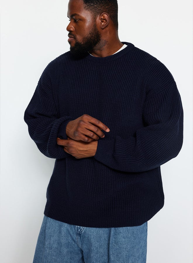 trendyol Navy Blue Plus Size Oversize Fit Wide Fit Crew Neck Basic Knitwear Sweater - Image 3
