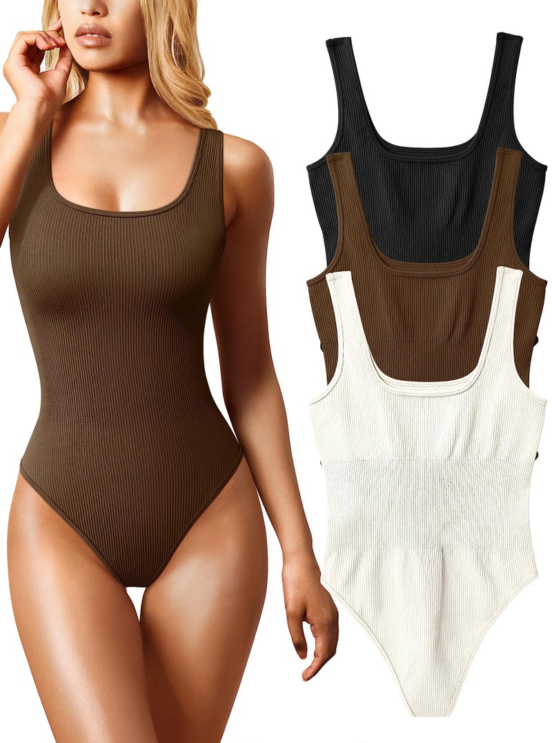 OQQ Women's 3 Piece Bodysuits Sexy Ribbed Sleeveless Square Neck Tank Tops Leotard 2025 Trendy Outfits Black Coffee Beige - Image 1
