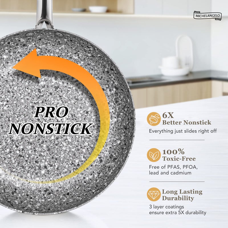 MICHELANGELO Stone Frying Pan with Lid, Nonstick 12 Inch Frying Pan with Non toxic Stone-Derived Coating, Granite Frying Pan, Nonstick Large Frying Pans with Lid, Induction Compatible - 12 Inch - Image 3