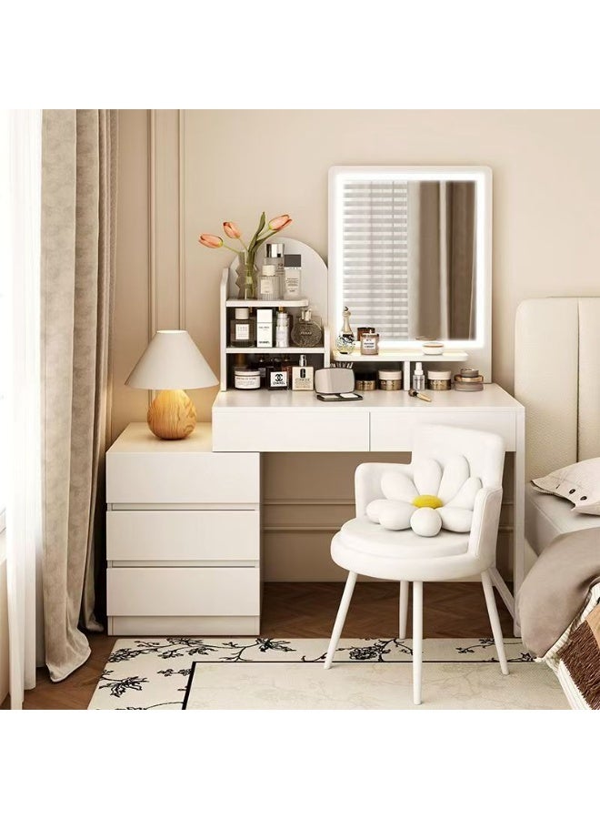CityRiya-Long Makeup Vanity Table, Bedroom Dressing Table with LED Mirror, Vanity Desk with Drawers, 110cm Makeup Tables with Storage Shelf, Large Bedroom Dresser Bedside Tables for Women Girls (White) - Image 1
