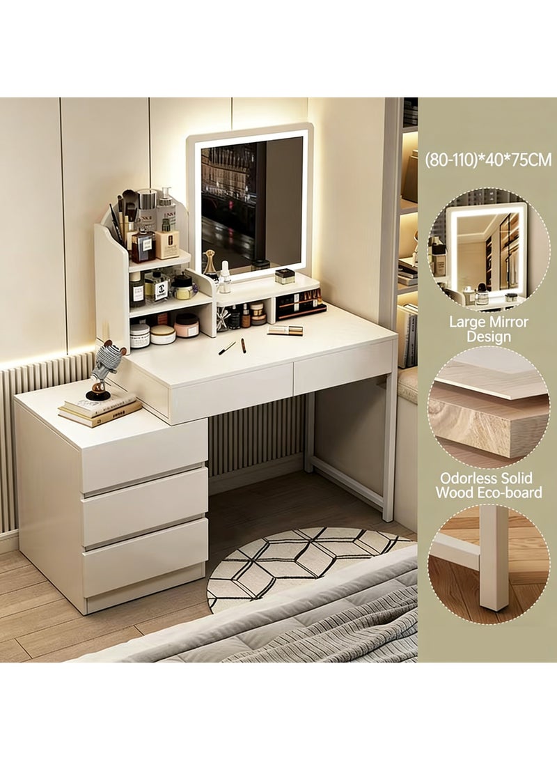 CityRiya-Long Makeup Vanity Table, Bedroom Dressing Table with LED Mirror, Vanity Desk with Drawers, 110cm Makeup Tables with Storage Shelf, Large Bedroom Dresser Bedside Tables for Women Girls (White) - Image 2